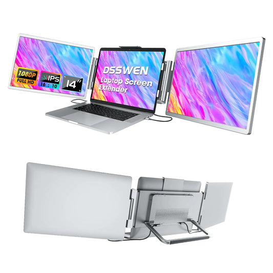 Laptop Screen Extender Monitor Portable: 14" Triple Screen Laptop Monitor Extender 1080P FHD IPS Laptop Monitor Extender with Stand Compatible Plug & Play Laptop Screen Extender for Wins/Mac/Chro